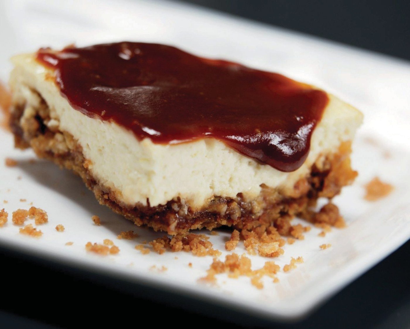White chocolate cheesecake with caramel and macadamia nuts